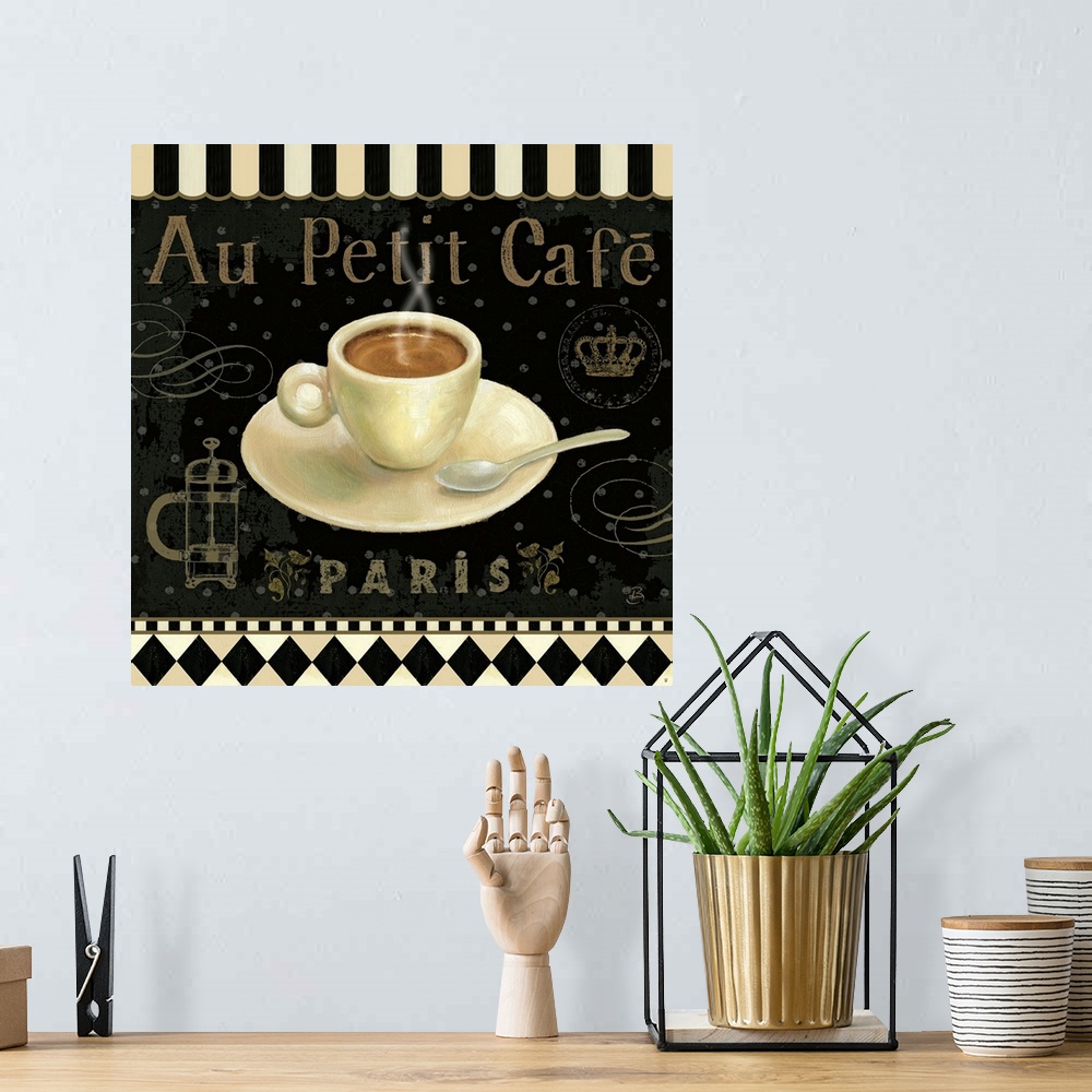 A bohemian room featuring Large canvas art for a coffee shop in Paris, France includes a steaming cup of coffee sitting on ...