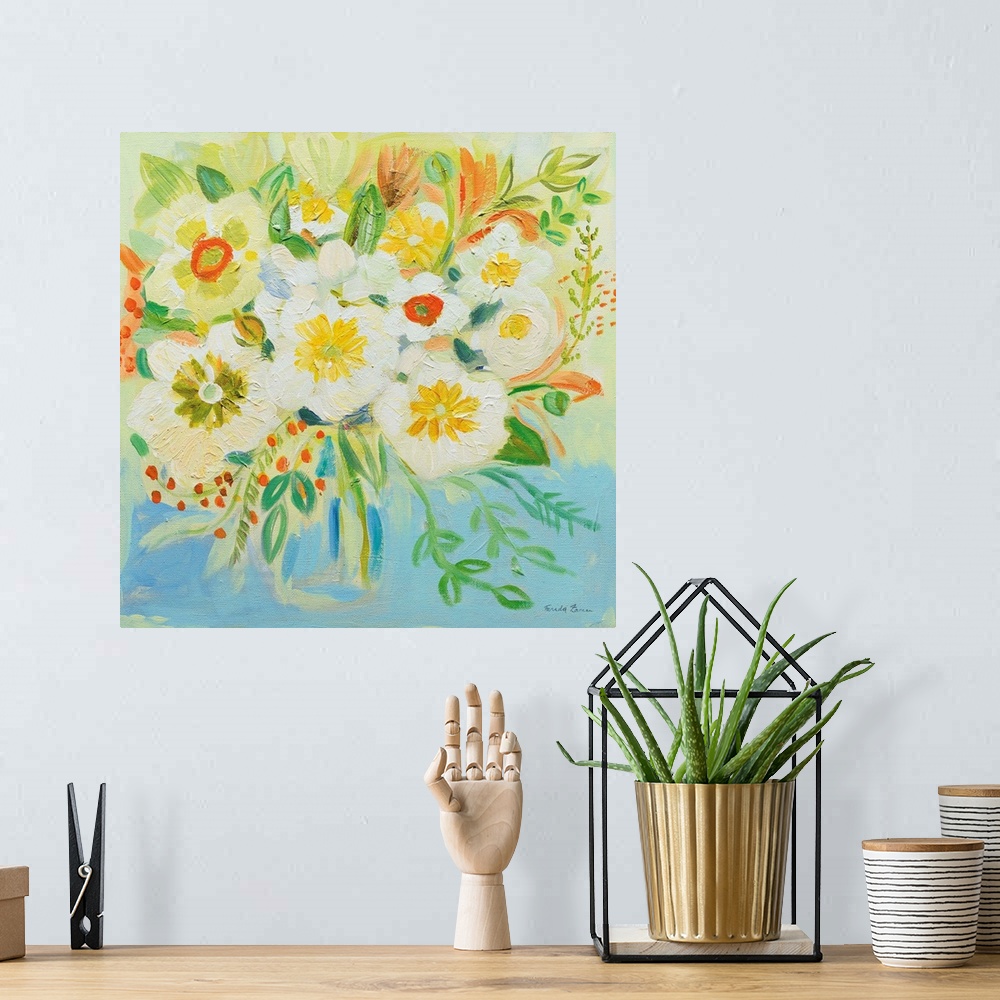 A bohemian room featuring Square painting of an abstract bouquet of flowers in a vase with bright yellow, orange, blue, and...