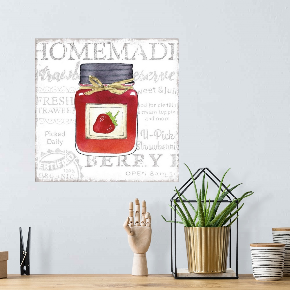A bohemian room featuring Square kitchen decor with a watercolor illustration of a jar of strawberry jam and black typograp...