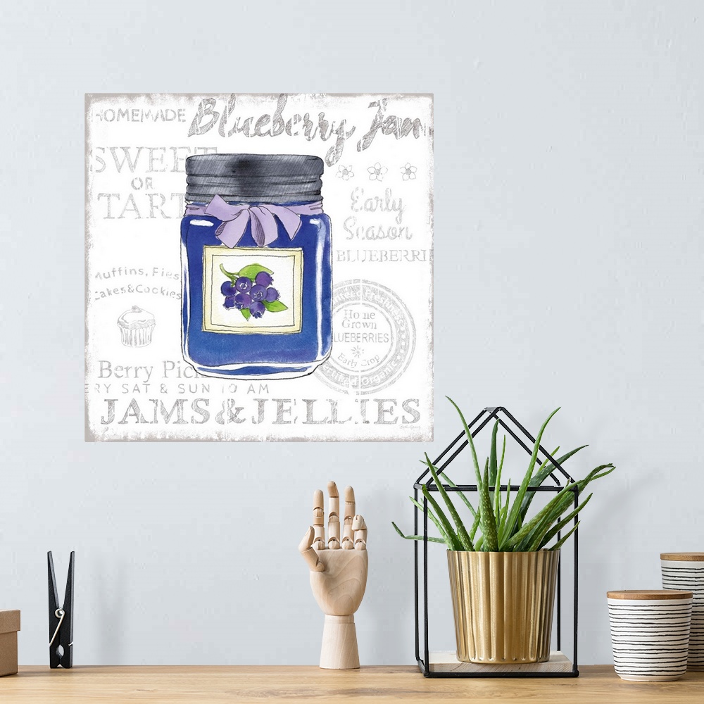 A bohemian room featuring Square kitchen decor with a watercolor illustration of a jar of blueberry jam and black typograph...