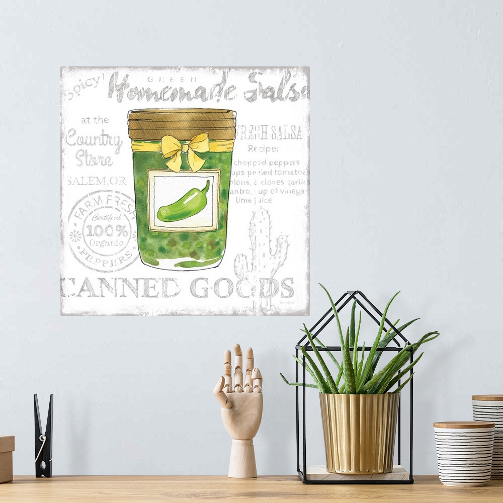A bohemian room featuring Square kitchen decor with a watercolor illustration of a jar of salsa verde and black typography ...