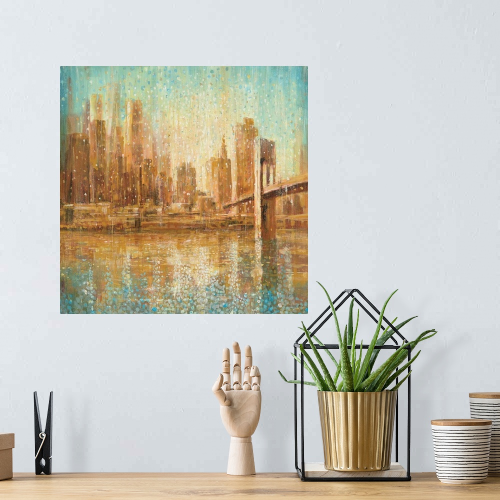 A bohemian room featuring A contemporary painting of a city skyline from across a river.
