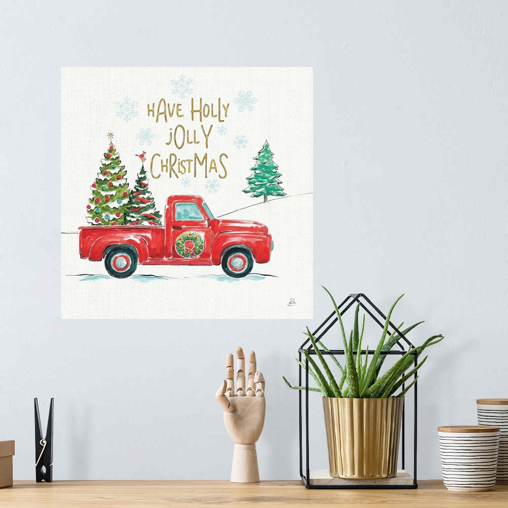 A bohemian room featuring Decorative Christmas themed artwork with the phrase "Have a holly jolly Christmas" written at the...