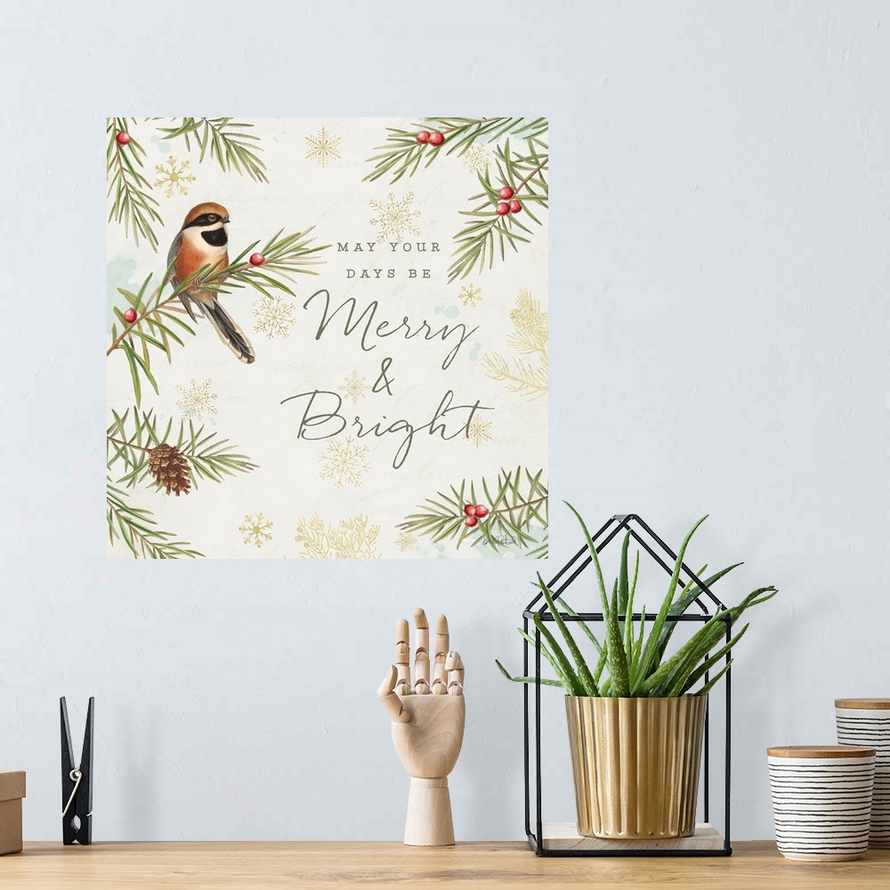 A bohemian room featuring A square holiday design of a bird perched on a pine branch with the text "May your Days Be Merry ...