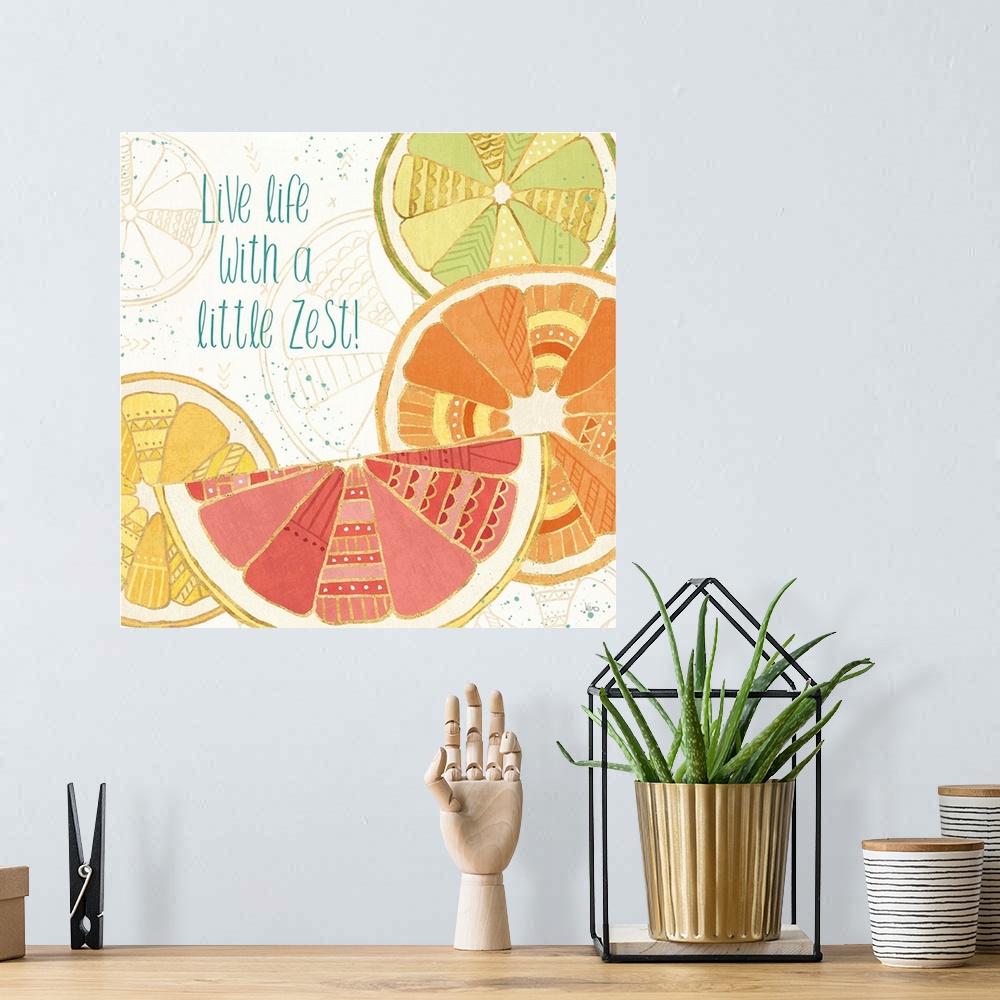 A bohemian room featuring Decorative colorful artwork of sliced fruits with geometric designs and the phrase, 'Live life wi...