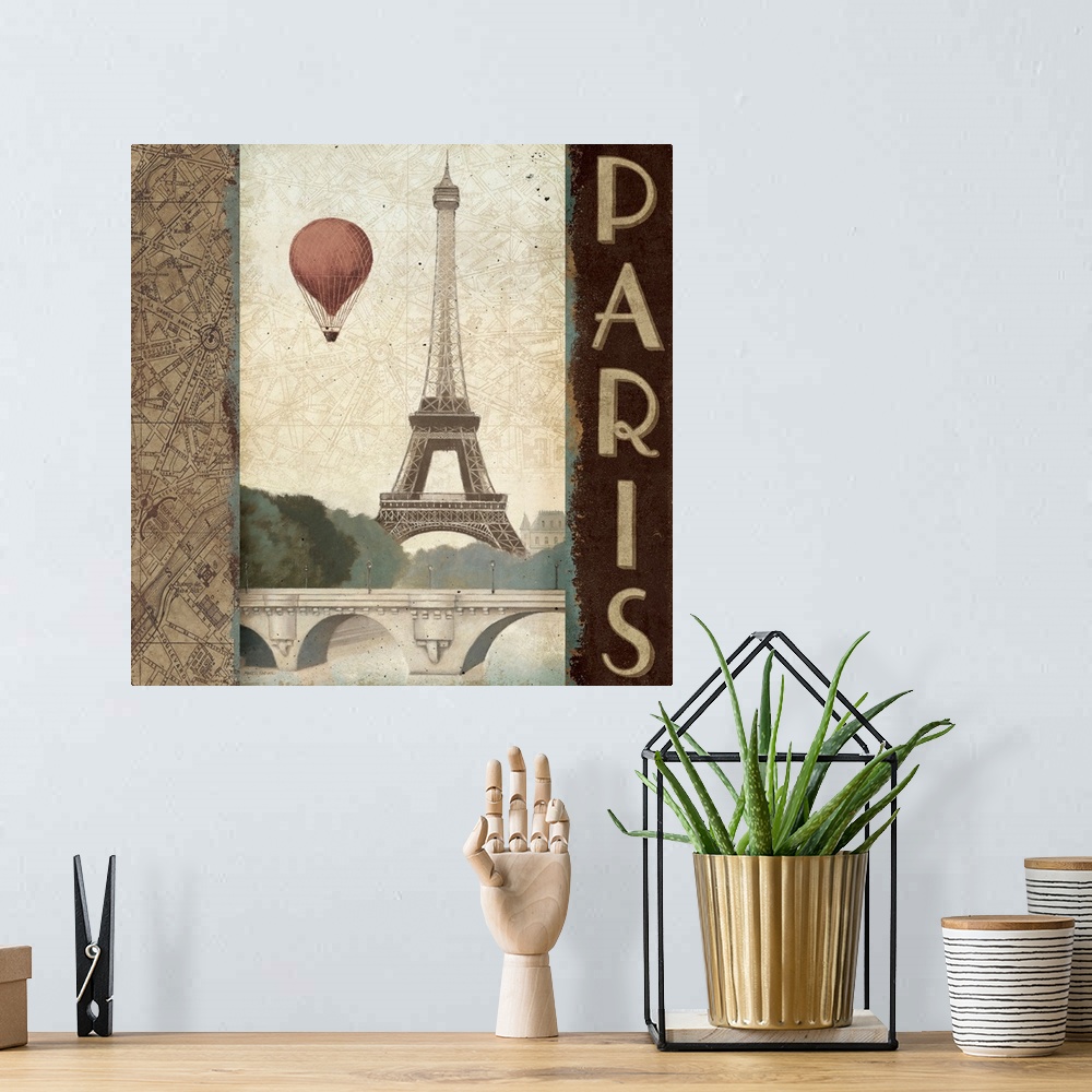 A bohemian room featuring City Skyline Paris Vintage Square