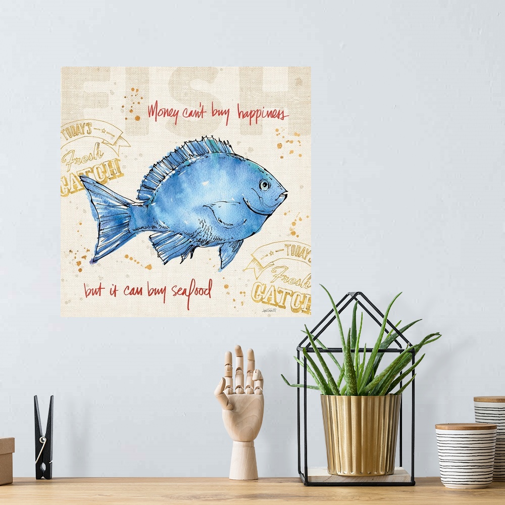 A bohemian room featuring "Money Cant Buy Happiness But it Can Buy Seafood" written in red with a watercolor painting of a ...