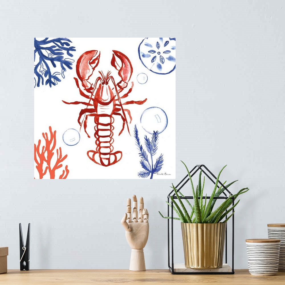 A bohemian room featuring Square beach decor in coral, red, blue, and white hues with a lobster in the center surrounded by...