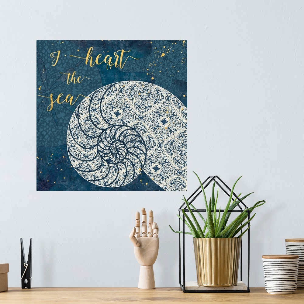 A bohemian room featuring Contemporary home decor artwork of off white coastal shell imagery against a navy blue background...