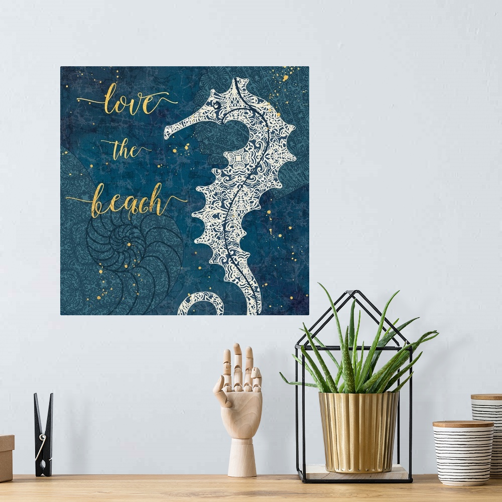 A bohemian room featuring Contemporary home decor artwork of off white coastal shell imagery against a navy blue background...