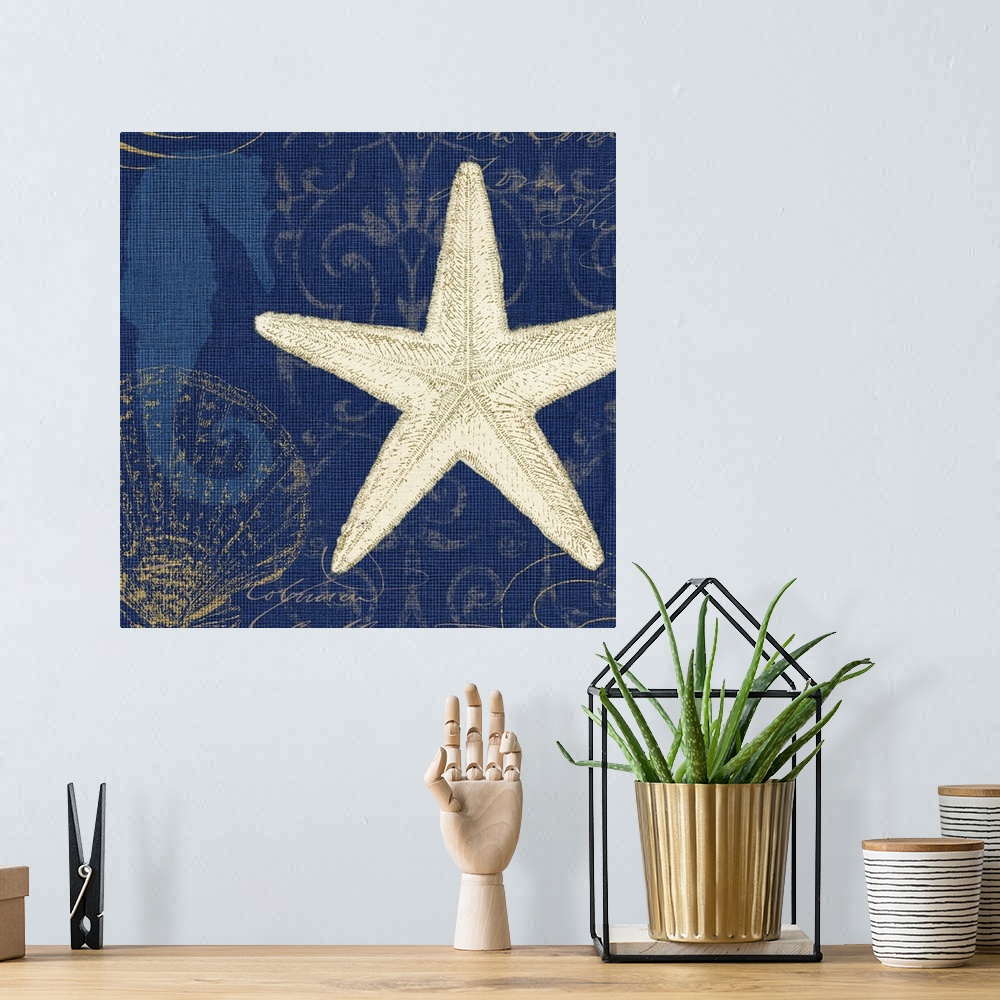 A bohemian room featuring Contemporary artwork of a starfish with other types of sea life against a blue background.