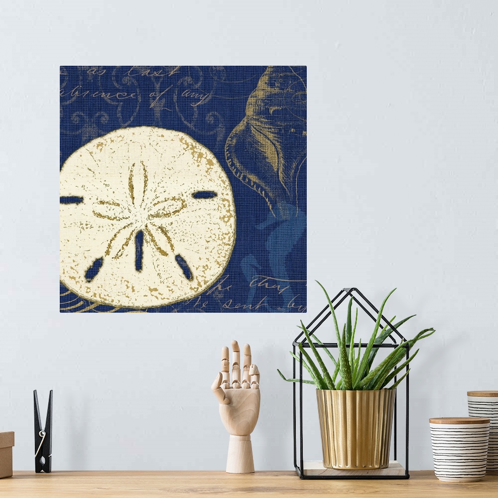 A bohemian room featuring Contemporary artwork of a sand dollar with other types of sea life against a blue background.