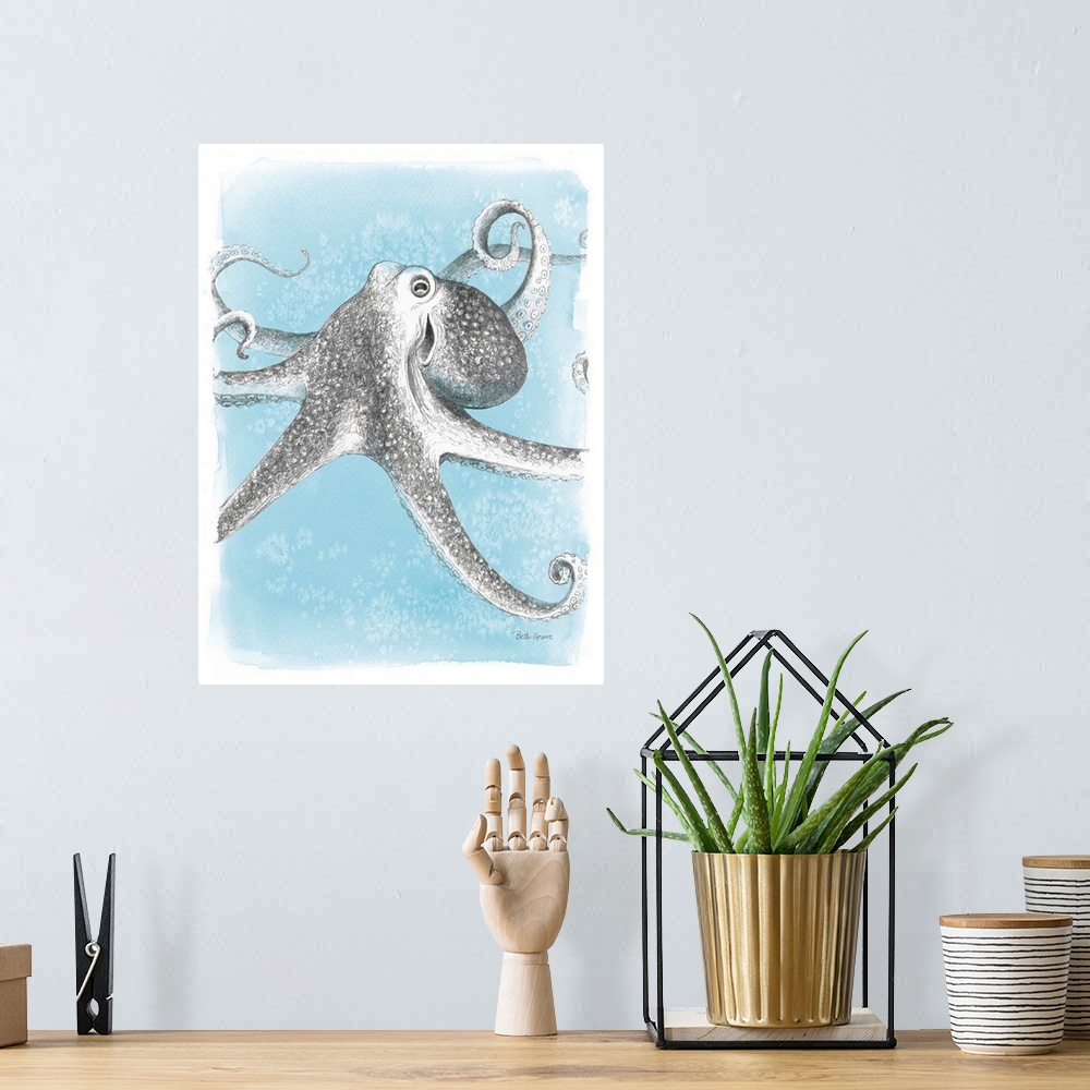 A bohemian room featuring Decorative artwork featuring a drawn octopus swimming through a blue ocean.