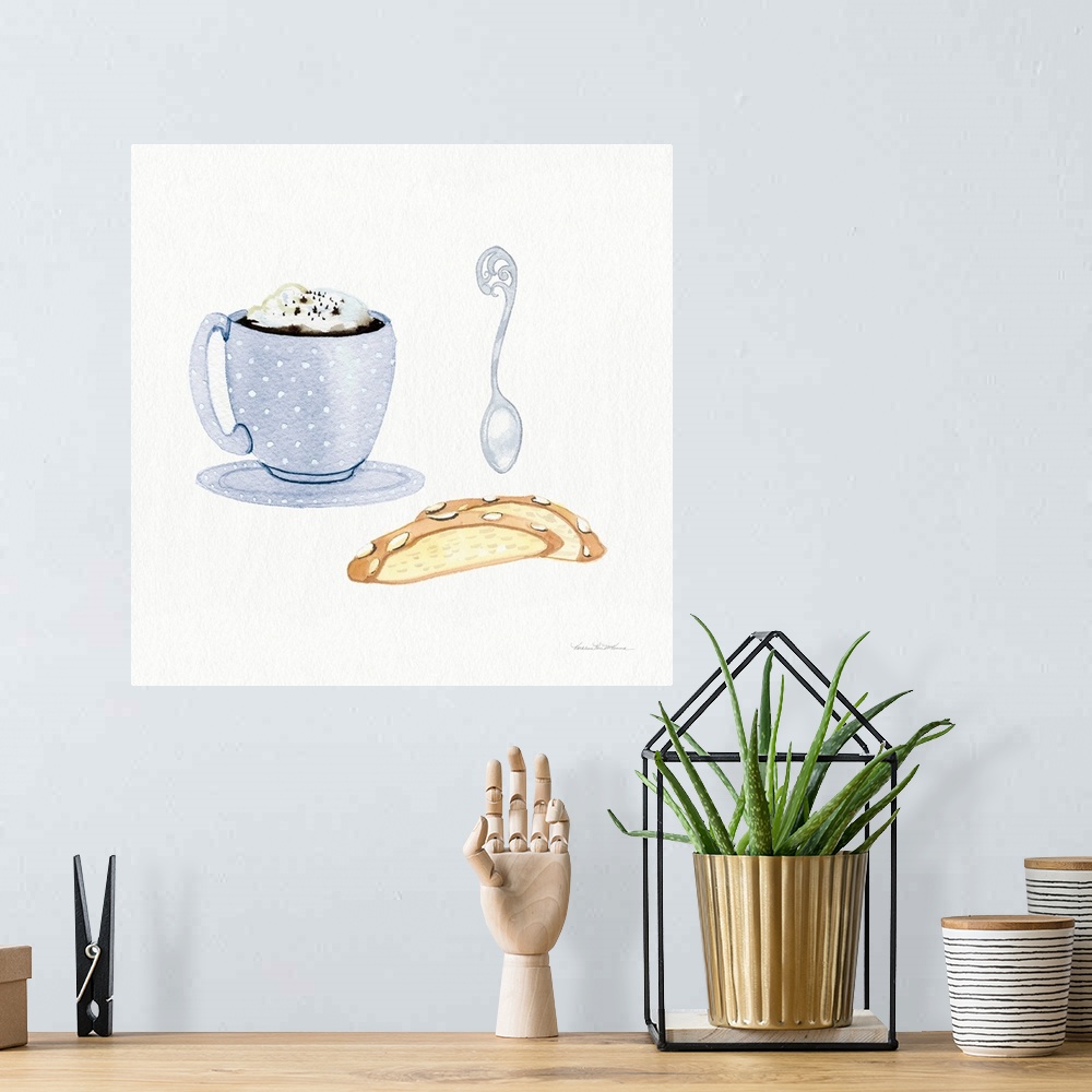 A bohemian room featuring Square watercolor painting of a blue and white polka dot coffee cup with biscotti and a spoon on ...