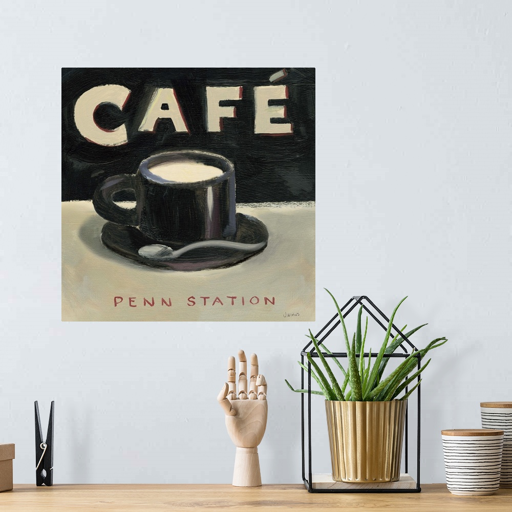 A bohemian room featuring Contemporary cafe sign for Penn Station.