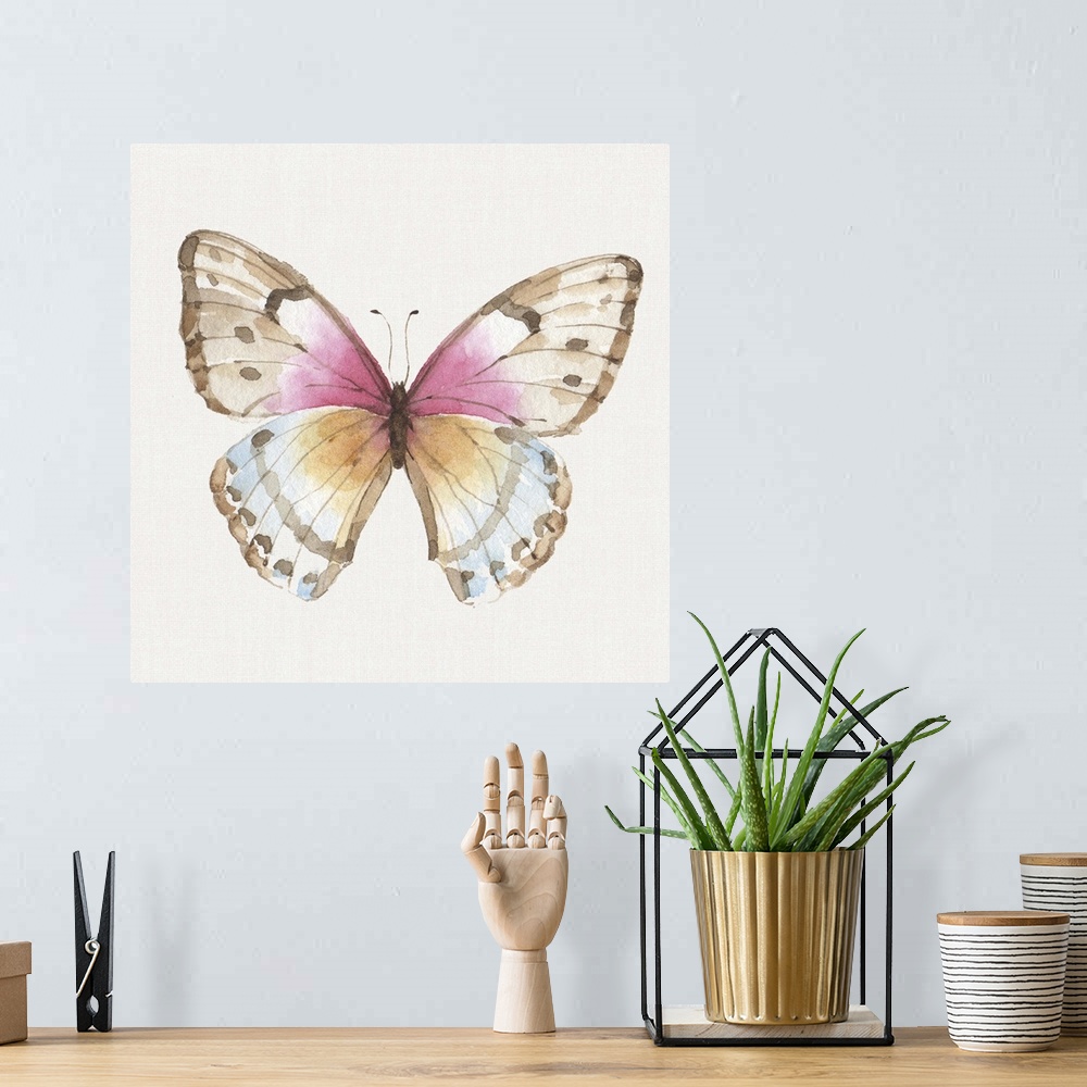 A bohemian room featuring Contemporary artwork of a butterfly with pink, blue and orange in the wings.