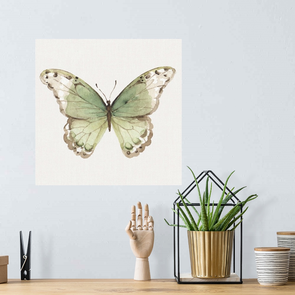 A bohemian room featuring Contemporary artwork of a butterfly with green wings.