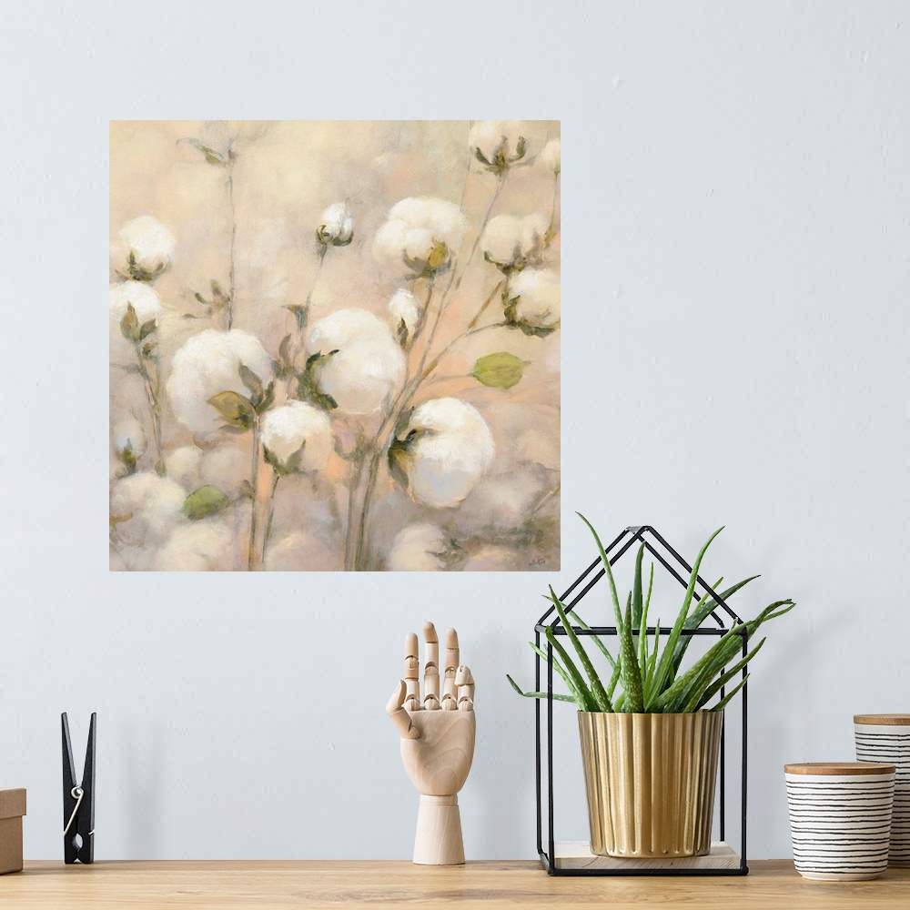 A bohemian room featuring Square painting of wild cotton with a warm background.
