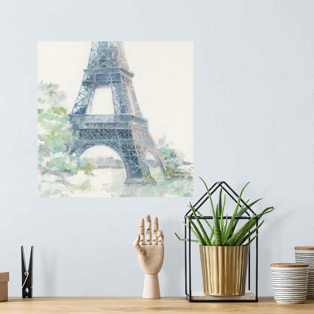 A bohemian room featuring Contemporary painting of the bottom part of the Eiffel Tower made with pastel hues on a white, sq...