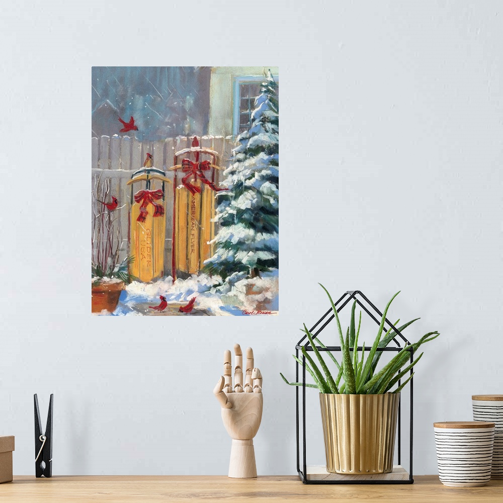A bohemian room featuring Contemporary painting of an idyllic winter scene, depicting two sleds leaning up against a fence,...