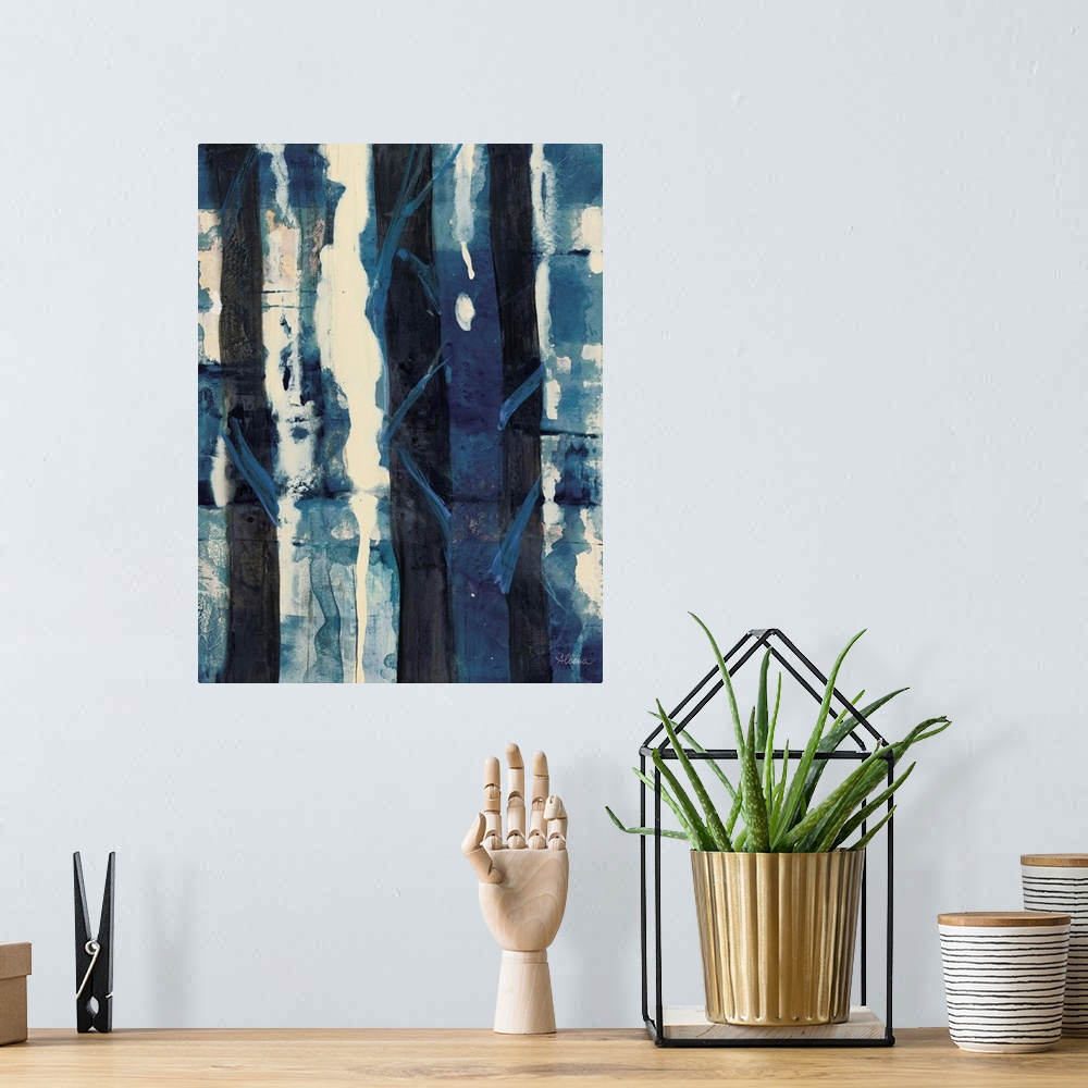 A bohemian room featuring Vertical abstract painting of textured roughed vertical lines in shades of blue.