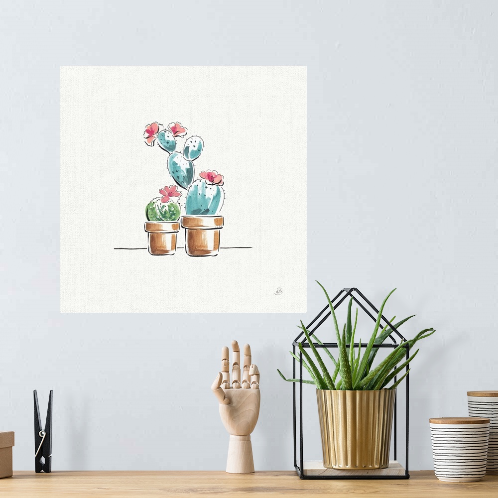 A bohemian room featuring Illustration of two potted cacti with pink flowers on a white and gray square background.