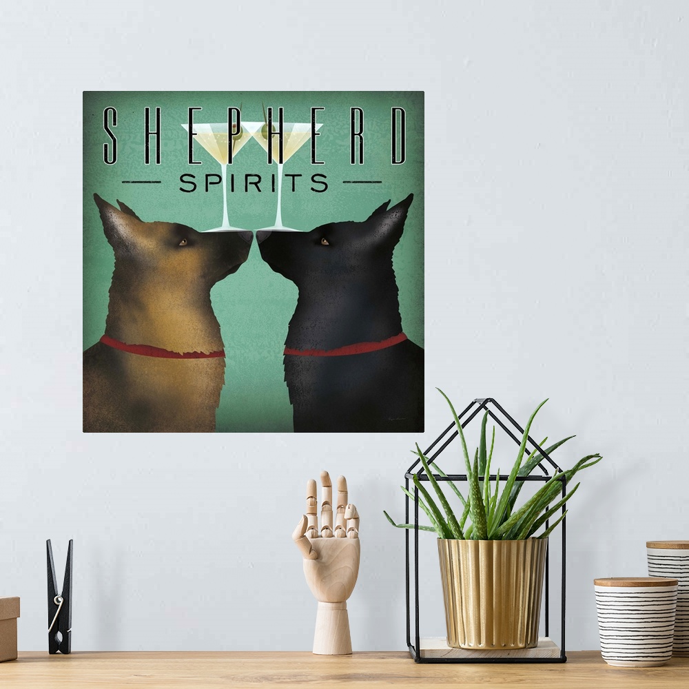 A bohemian room featuring Square illustration of two shepherd dogs balancing martinis on their noses with "Shepherd Spirits...