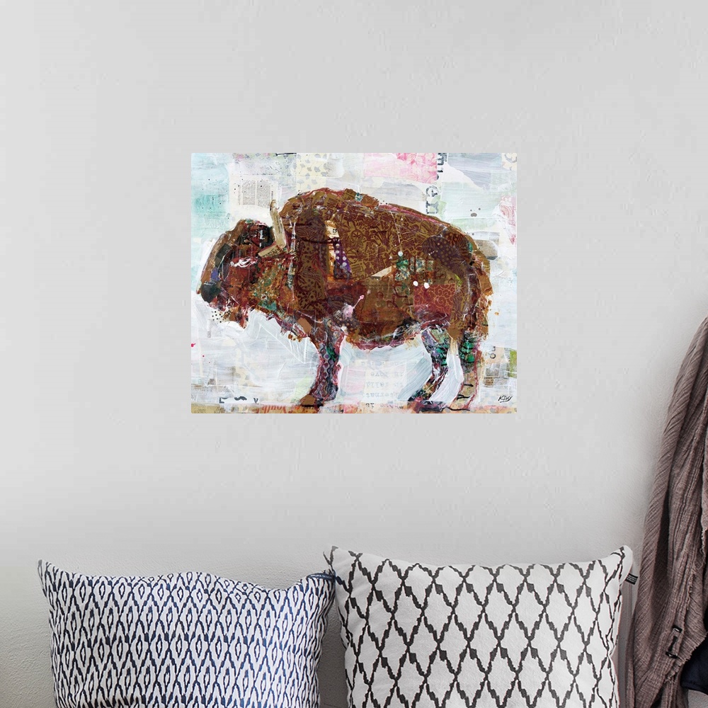 A bohemian room featuring Large abstract art of a buffalo created with mixed media.