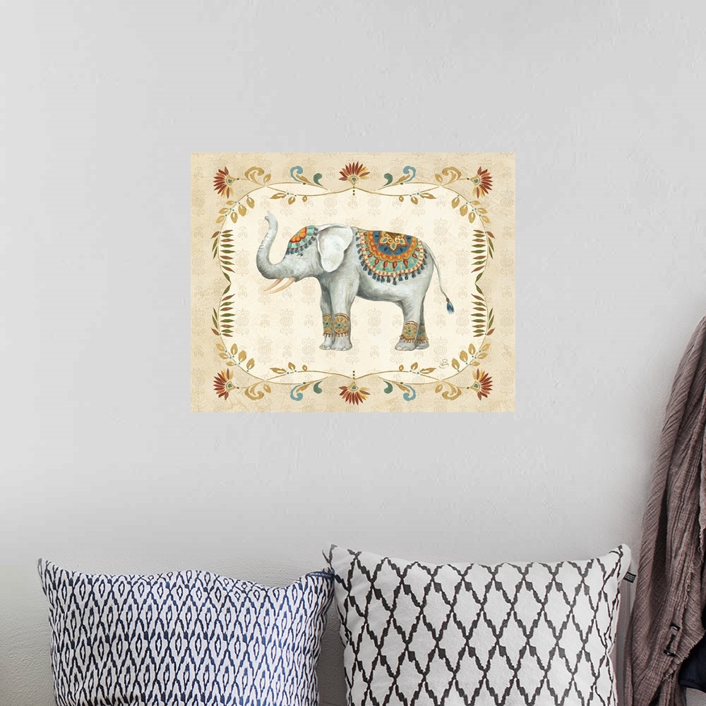 A bohemian room featuring Boho style painting of an elephant  with a floral design on a neutral colored background.