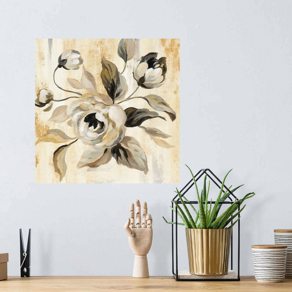 A bohemian room featuring Square painting of white English Roses on a beige and brown background with metallic gold markings.