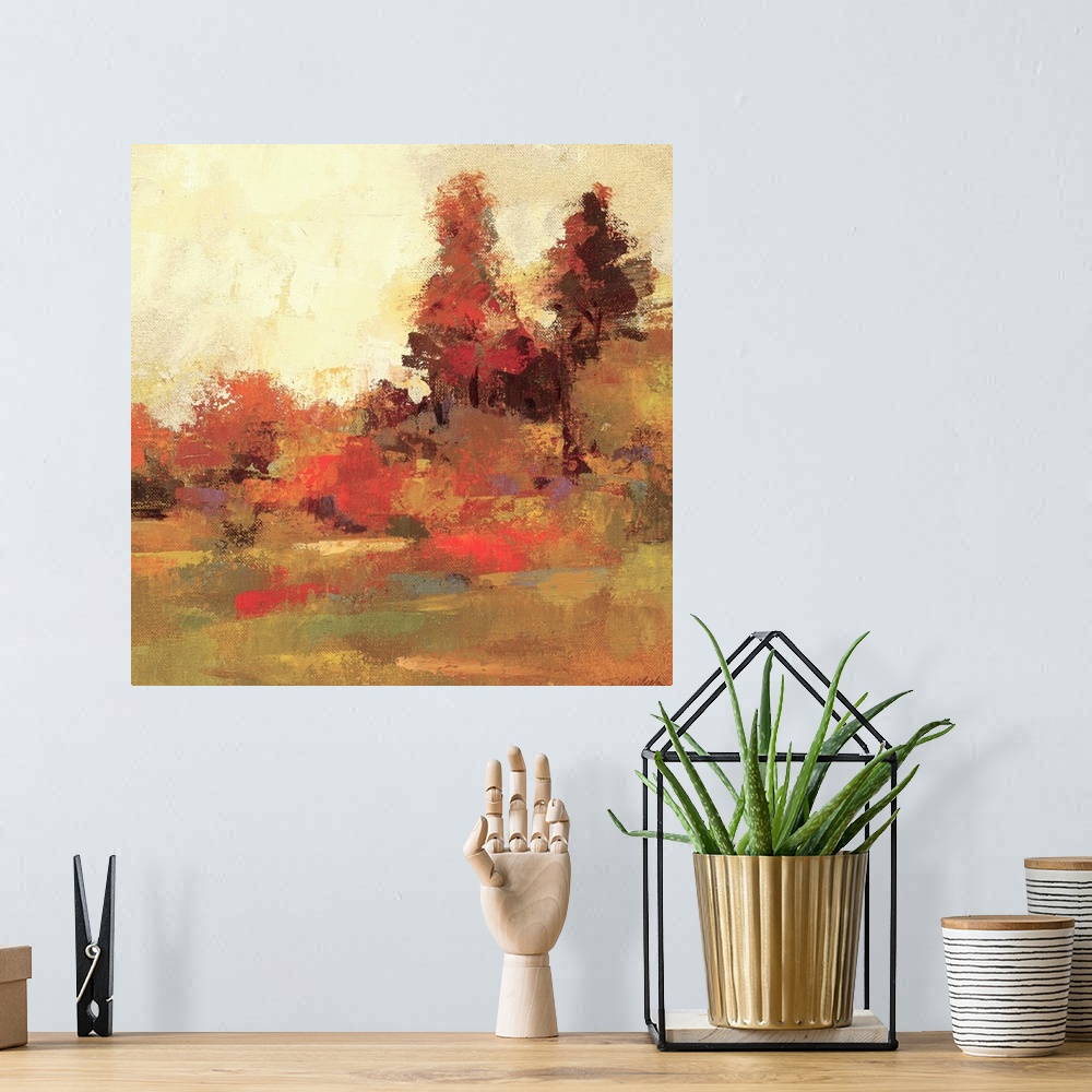 A bohemian room featuring Contemporary painting of an idyllic countryside scene.