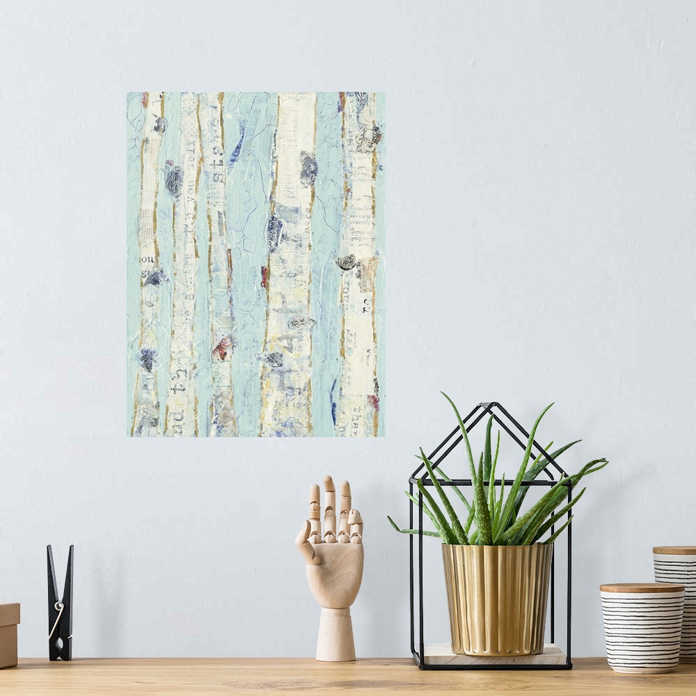 A bohemian room featuring Contemporary painting of white trees against a light blue background.