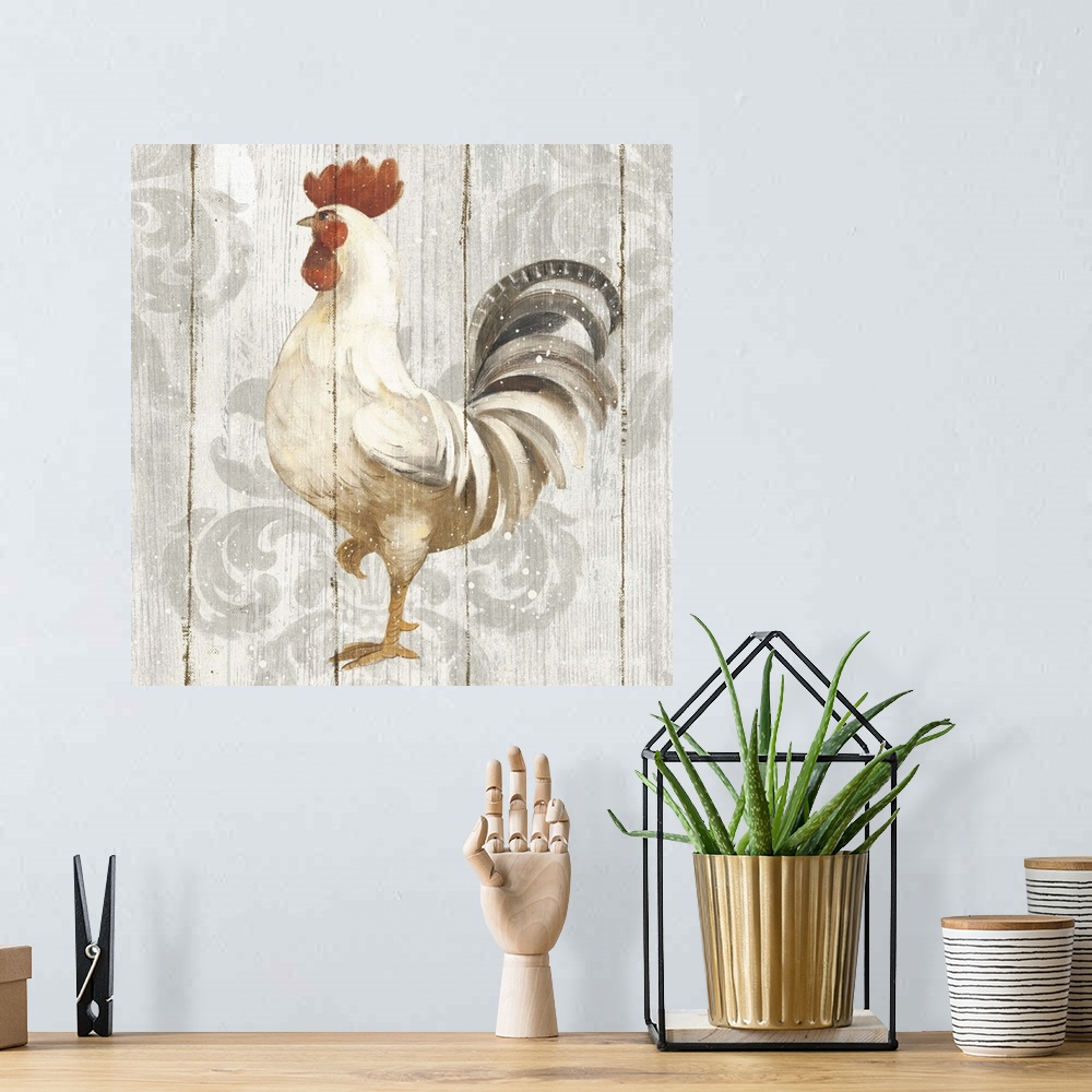 A bohemian room featuring Folk art style decor artwork of a rooster against a decorative flower background.