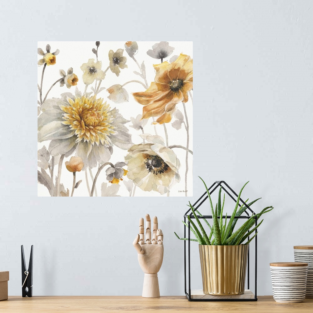 A bohemian room featuring Decorative artwork of group of flowers in muted tones of gold, yellow and gray.