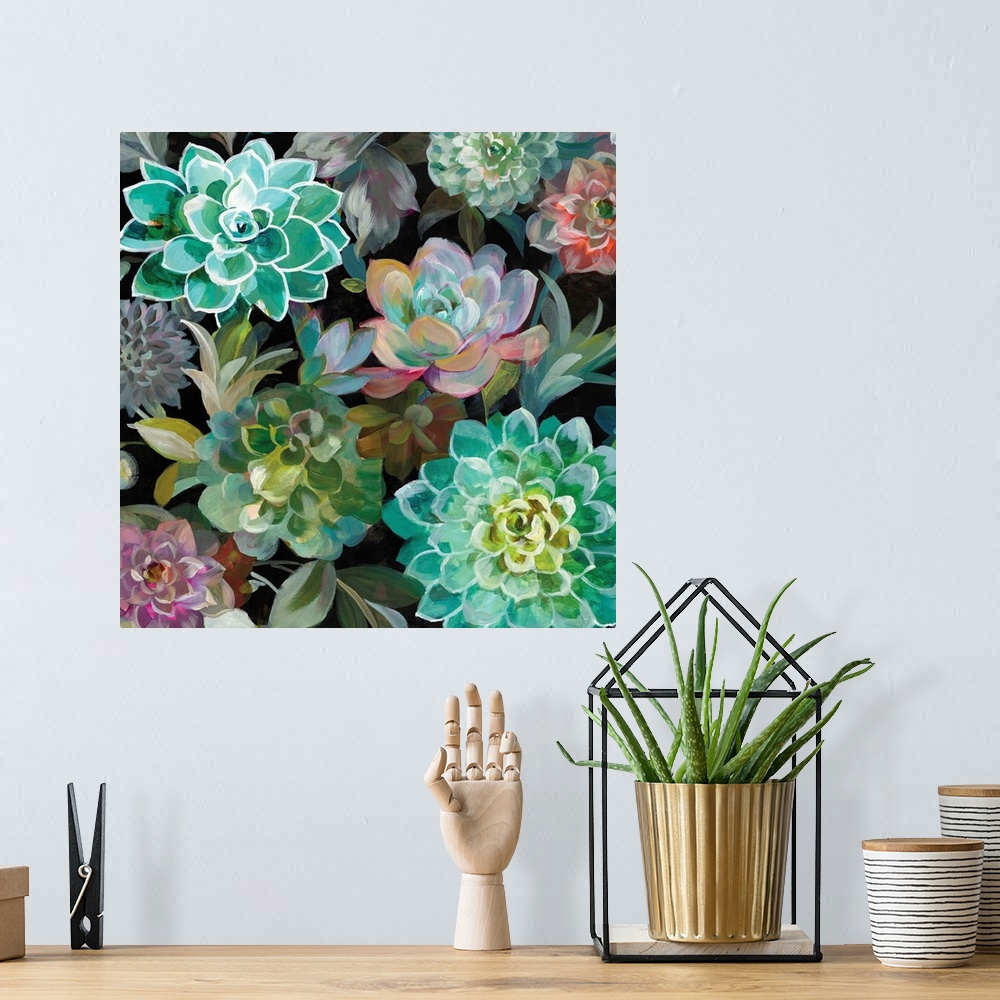 A bohemian room featuring Square painting of succulents grouped together with a black background.