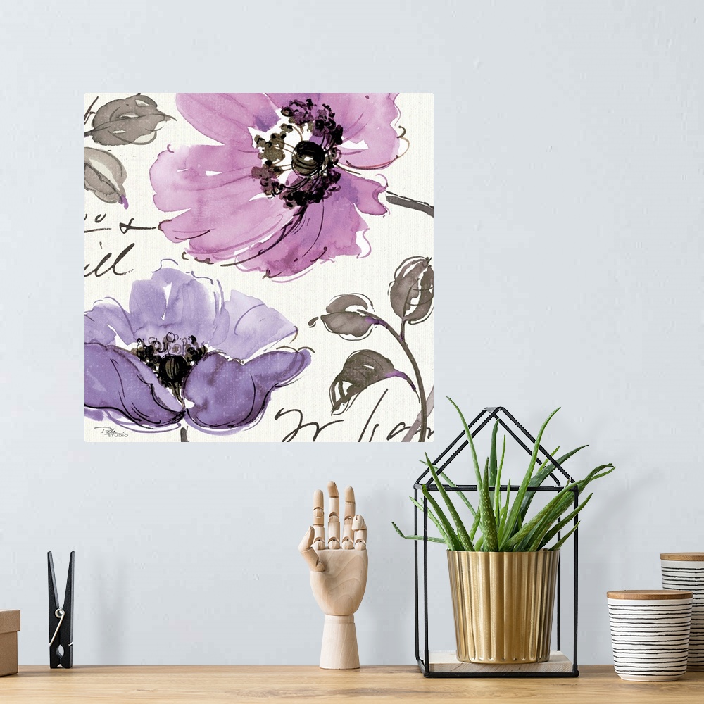 A bohemian room featuring Contemporary watercolor painting of purple flowers on a neutral toned background with text.