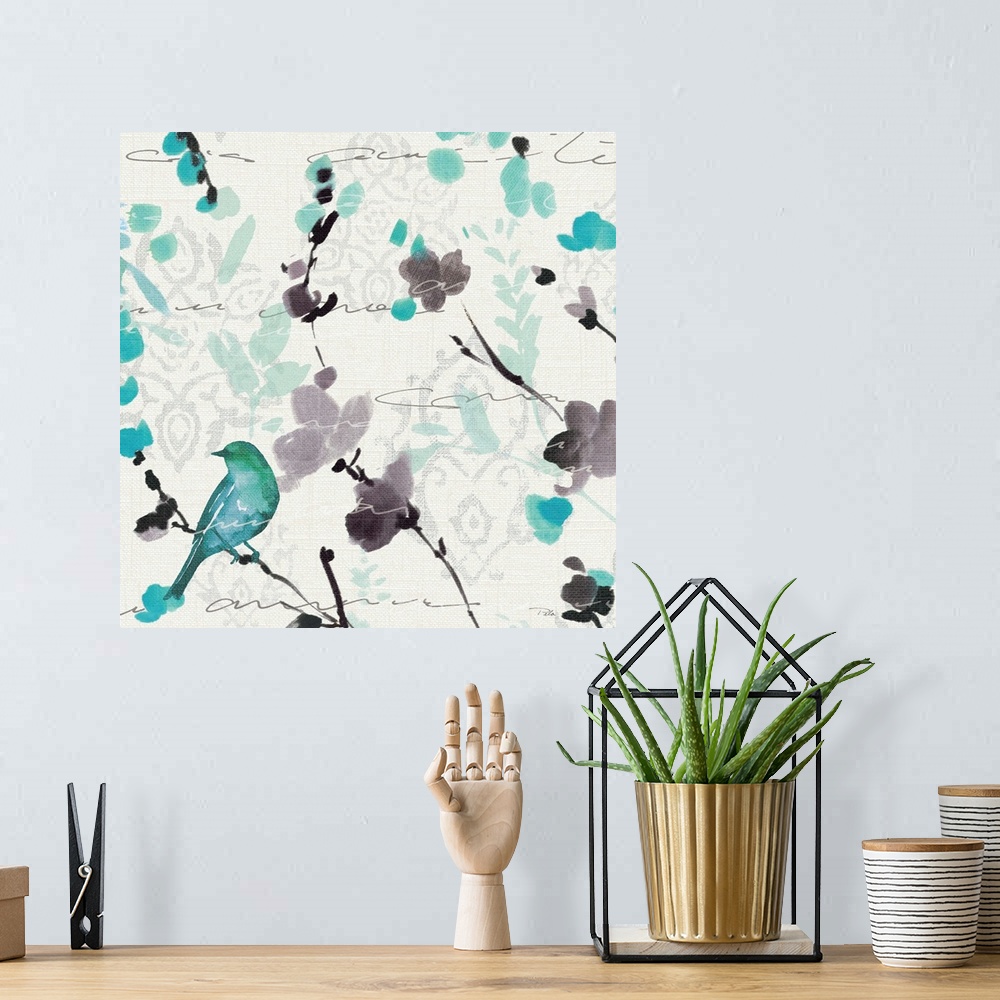 A bohemian room featuring Watercolor painting of a turquoise bird perched on a branch with purple and blue flowers.