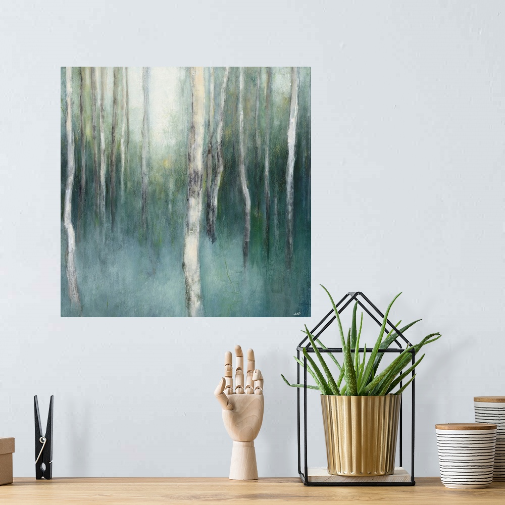 A bohemian room featuring Square abstract painting of birch trees in a blue and green misted forest.