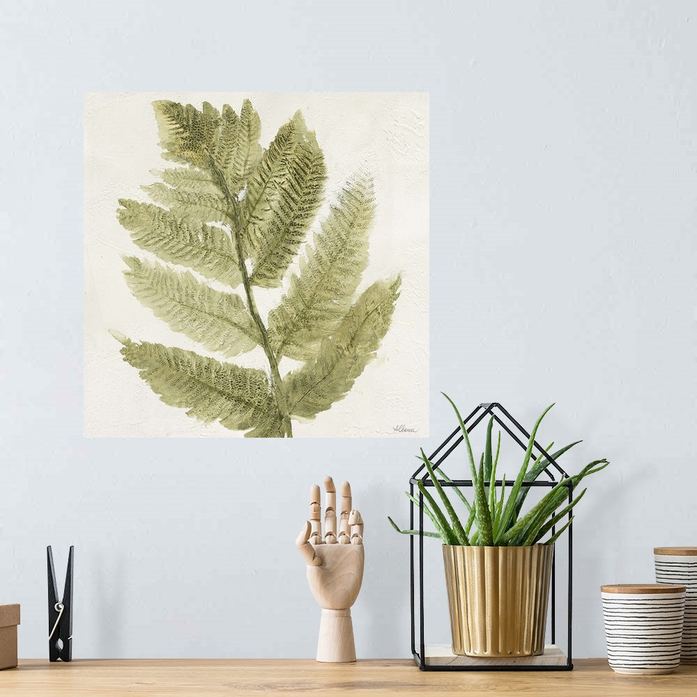 A bohemian room featuring Textured painting of a fern branch on a white, square background.