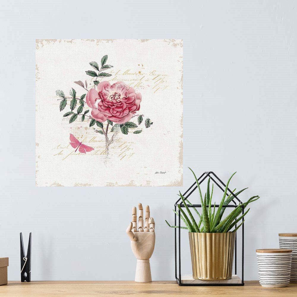 A bohemian room featuring Square collage with a pink rose and butterfly on a white textured background with gold handwritte...