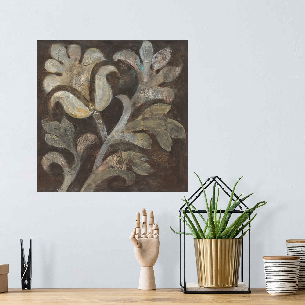 A bohemian room featuring Square painting of a cream colored flower with beige leaves on a brown background with a tiny hin...
