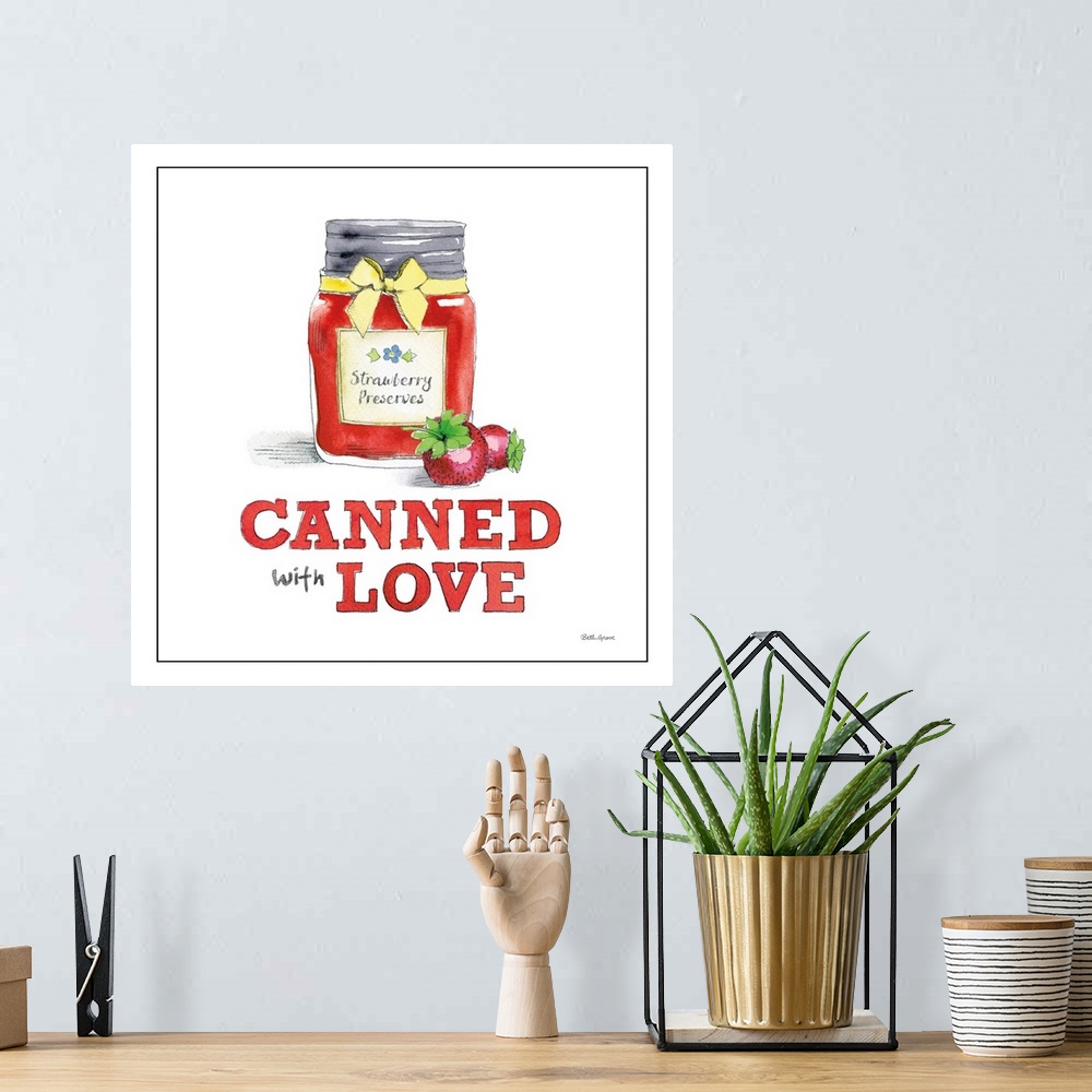 A bohemian room featuring Square kitchen decor with an illustration of strawberry jam/jelly and the text "Canned With Love"...