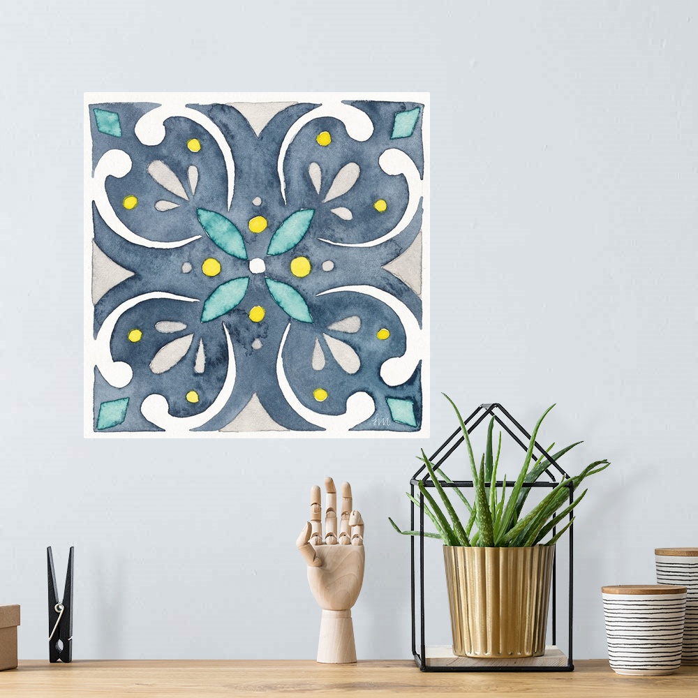 A bohemian room featuring A square watercolor floral design in the style of tile in varies shades of blue.