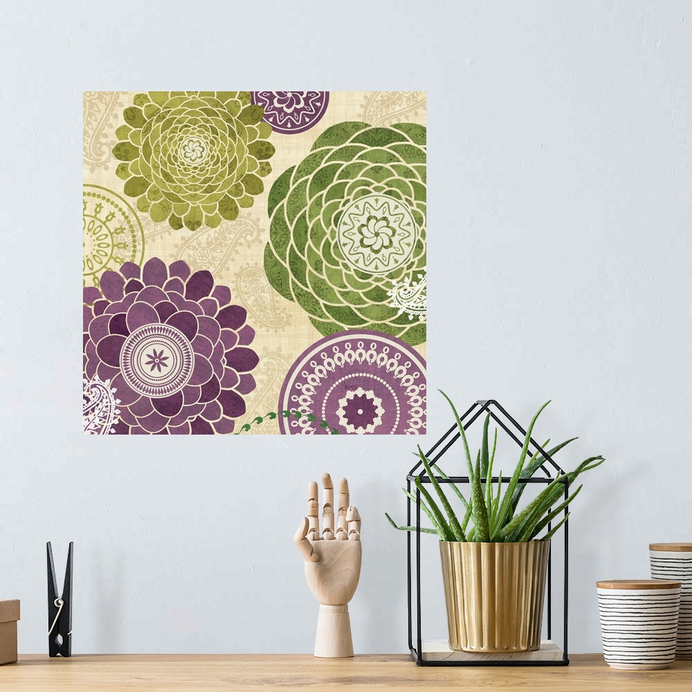 A bohemian room featuring Contemporary artwork of purple and green flowers hovering over a neutral toned patterned background.