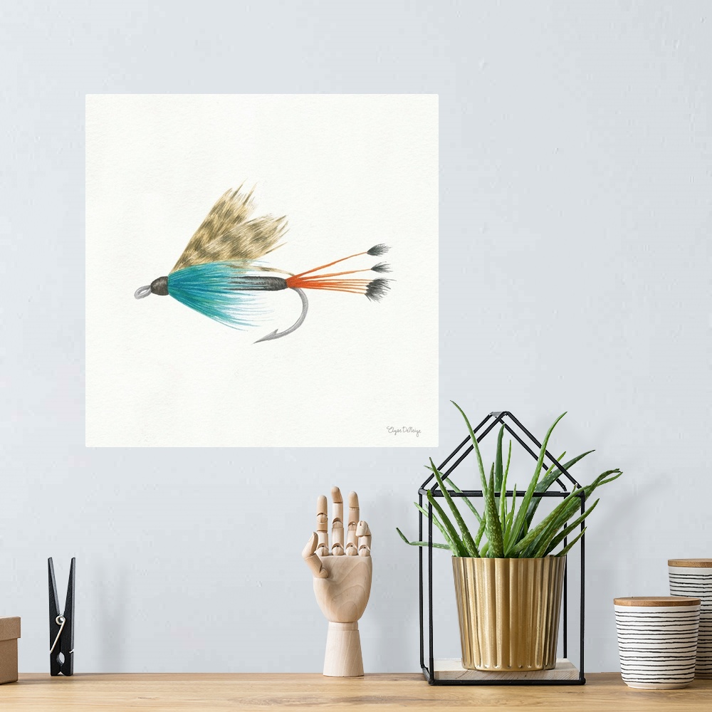 A bohemian room featuring Square watercolor painting of a fishing lure.