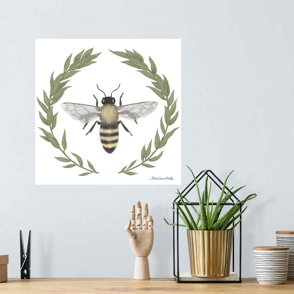 A bohemian room featuring Square illustration of a bumblebee framed with a wreath of leaves.