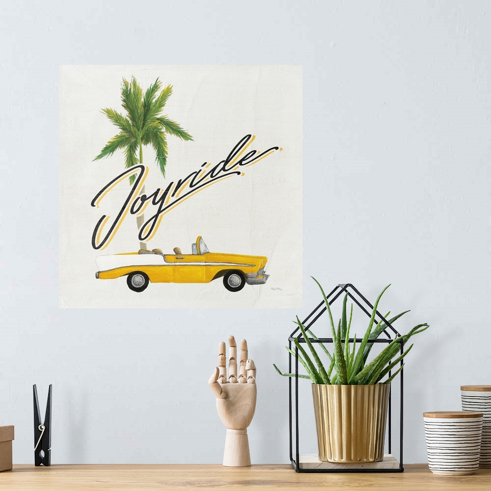 A bohemian room featuring Square contemporary design of a classic car and palm tree with the text "Joyride".