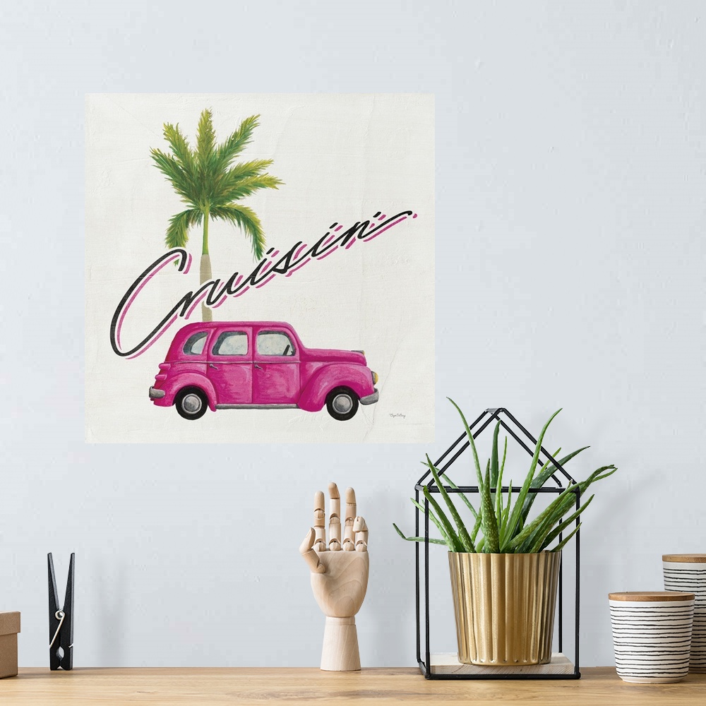 A bohemian room featuring Square contemporary design of a classic car and palm tree with the text "Cruisin'".