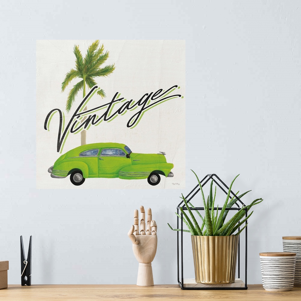 A bohemian room featuring Square contemporary design of a classic car and palm tree with the text "Vintage".