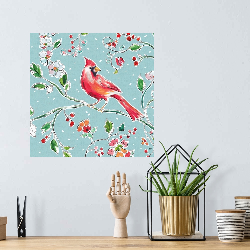 A bohemian room featuring Seasonal decor of a cardinal perched on a branch with flowers and berries on a light blue backgro...